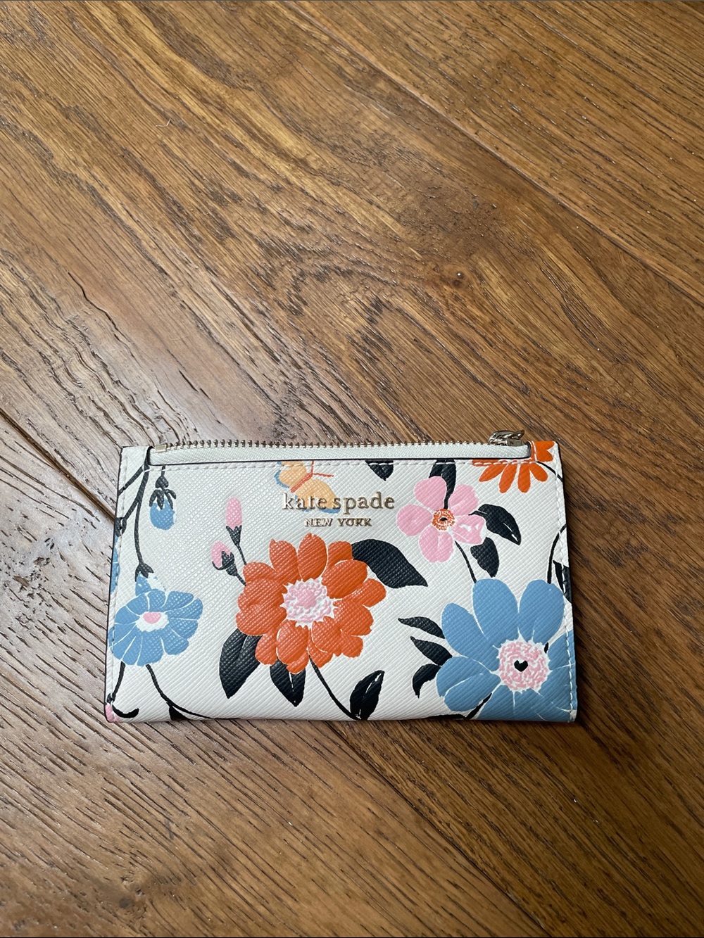 kate spade White Floral Zip Card Wallet with Orange & Blue Blooms